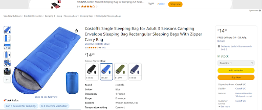 A screen shot of a sleeping bag available for sale on Amazon