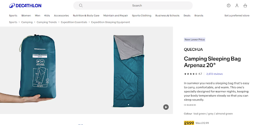 A screen shot of a sleeping bag available for sale at Decathlon