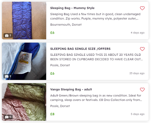 A screen shot of a sleeping bag available for sale on Gumtree.