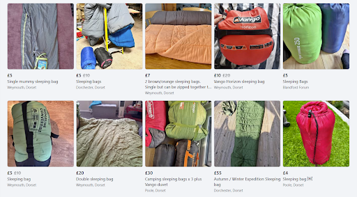 A screen shot of a sleeping bag available for sale on Facebook Marketplace
