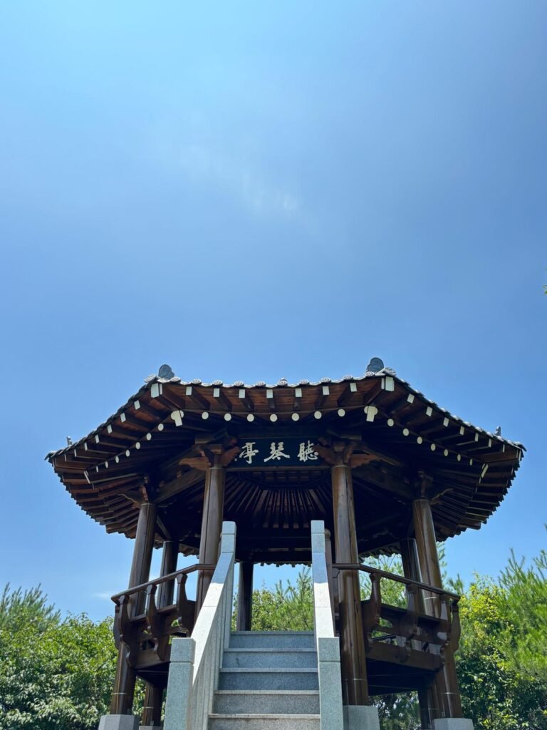 Cheonggeumjeong Pavilion, a raised wooden pavilion with shaded seating and views in South Korea