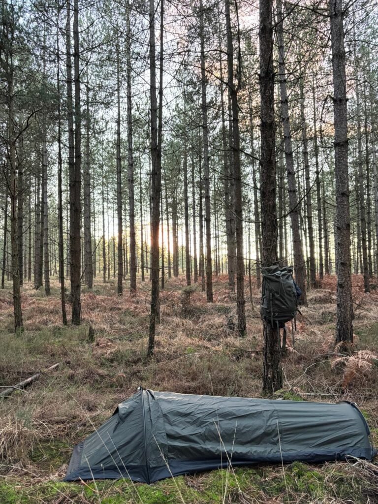 The Nortent Skjul set up in a moss lined gully in the forest