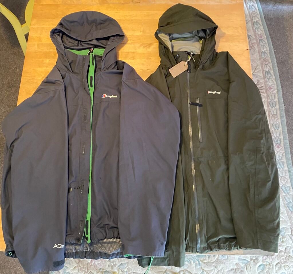 Images of two repaired Berghaus jackets with new zips and tags