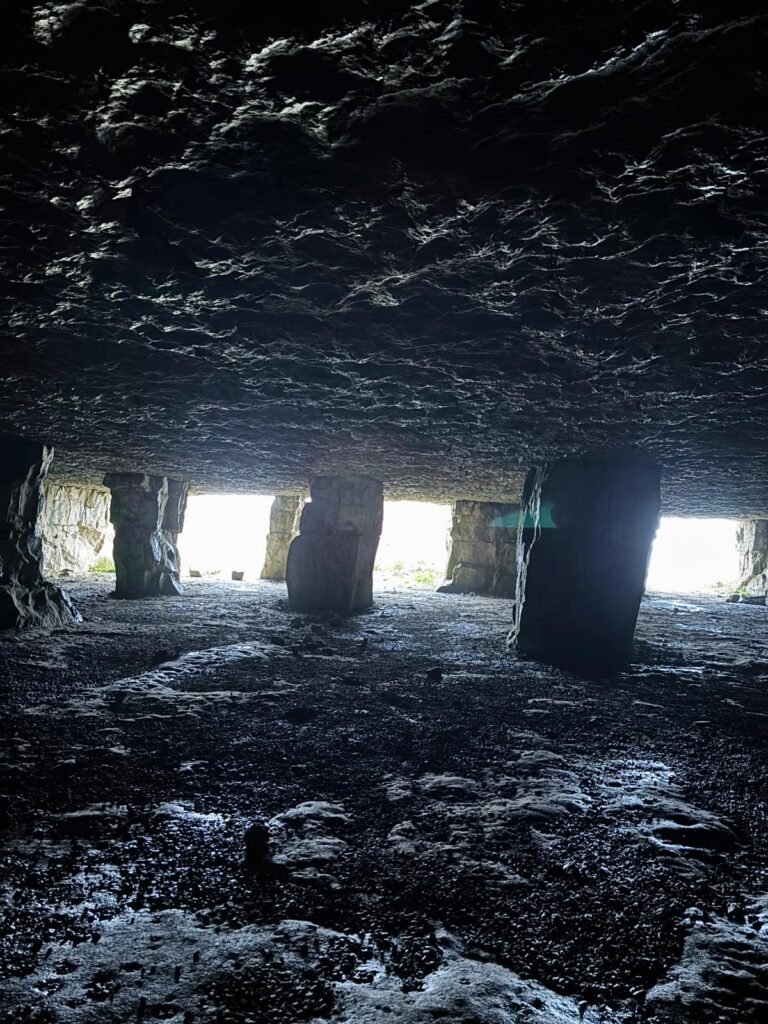 Looking out from the dark interior of Winspit Quarry, with columns supporting the roof and daylight flooding through the entrance.