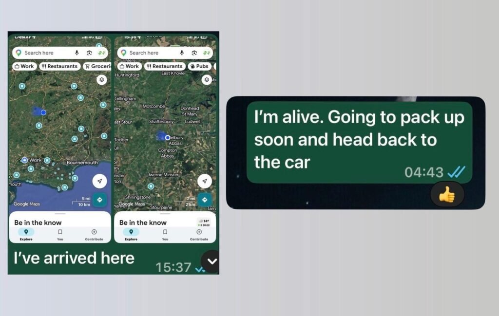 Screenshots of WhatsApp messages updating family about arrival, safety, and heading home after a night out camping