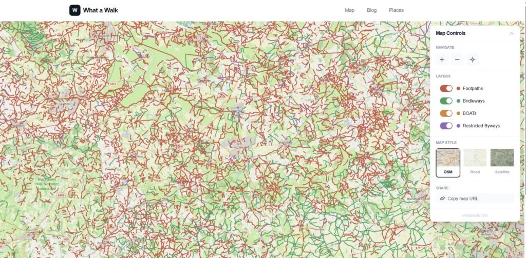 Screenshot of whatawalk map showing bridleways, footpaths and rights of way used for planning wild camping routes in England