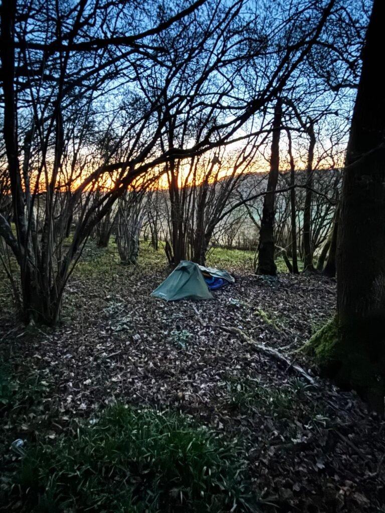 Phoxx 1 V2 tent set up in leafless winter woodland at dawn with orange sky over distant hill