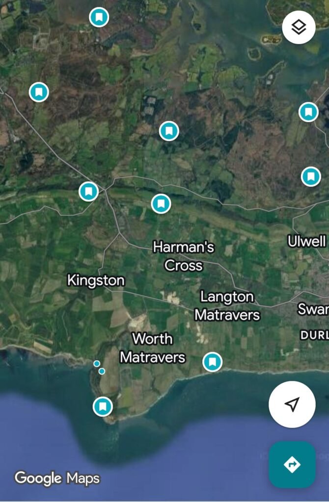 Google Maps screenshot showing saved wild camping spots in England