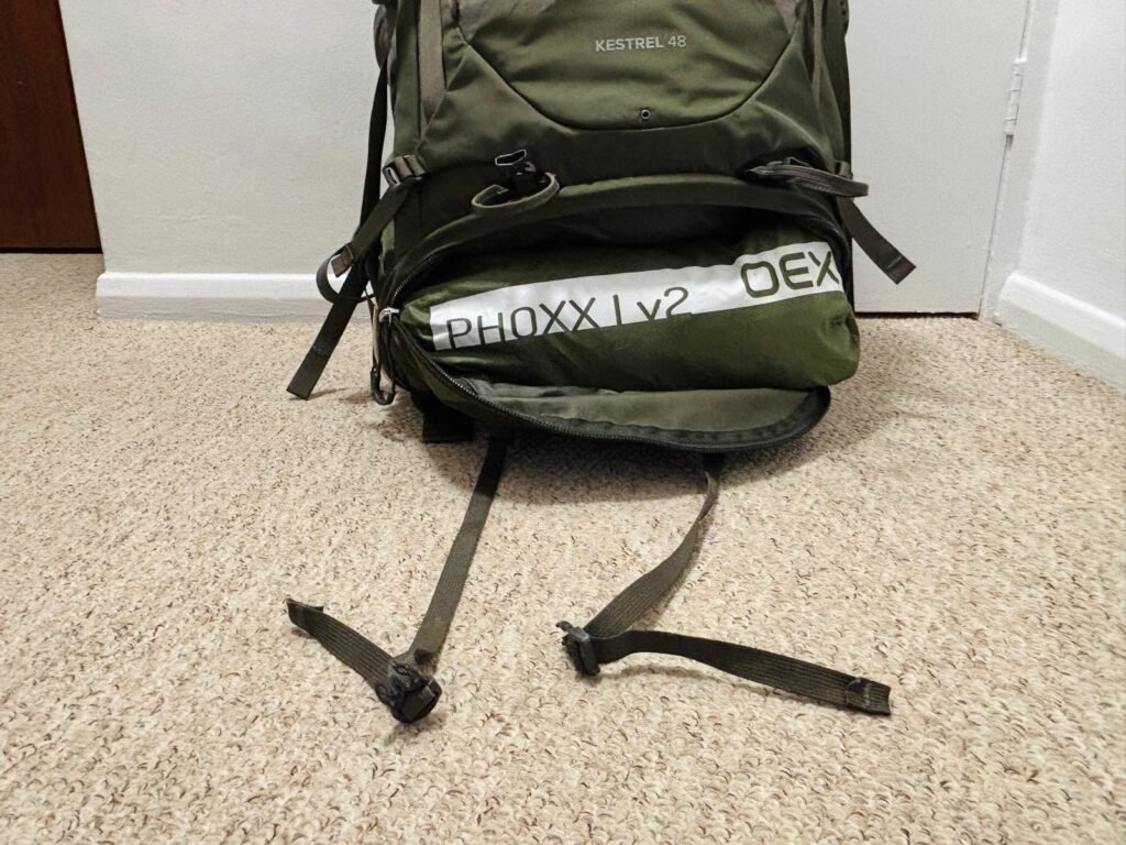 OEX Phoxx 1 V2 packed inside lower compartment of Osprey 48 litre backpack