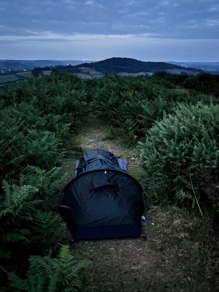 Nortent Skjul bivvi hidden on a narrow path surrounded by bracken and gorse