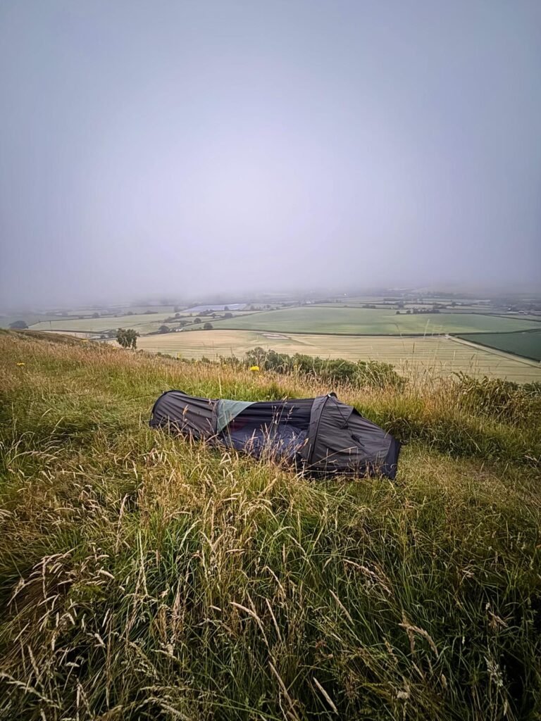Nortent Skjul bivvi during a cold misty hillfort camp