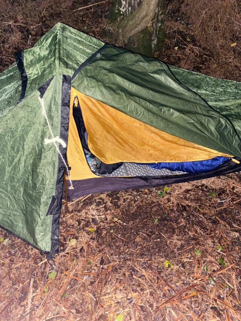 OEX Phoxx 1 V2 tent after heavy rain during a wild camp in rough weather