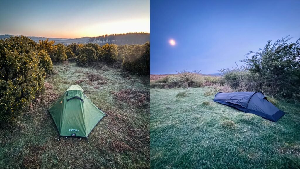 Side-by-side comparison of a Nortent Skjul bivvy overlooking Cheddar Gorge at dusk and an OEX Phoxx 1 V2 tent pitched on grass at dawn in the Dorset countryside.