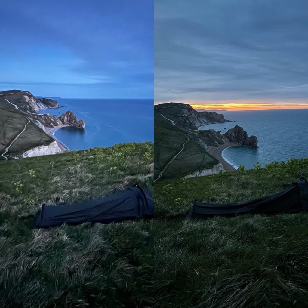 Nortent Skjul bivvi on exposed ground before and after a night of strong wind and rain in Dorset.