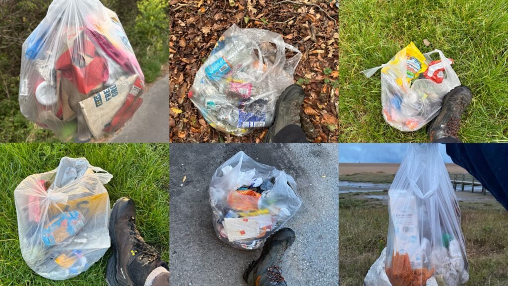 Litter collected during wild camping trips, shown in bags beside a Scarpa boot for scale