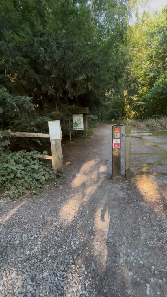 The entrance to Bentley Wood in Wiltshire with woodland information boards and a pedestrian gate.