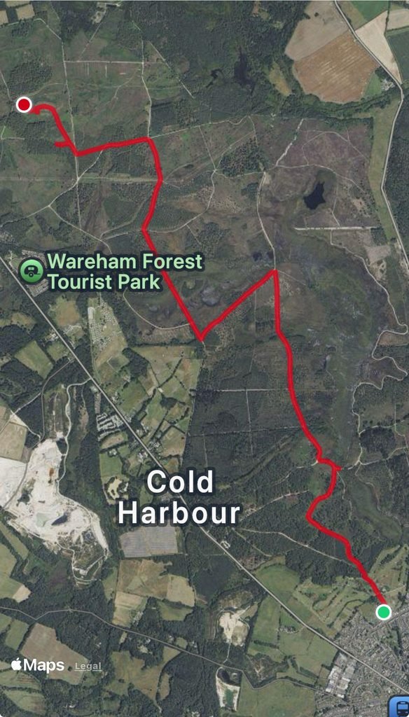 Hybrid map showing the walking route from Wareham towards Woolsbarrow Hillfort