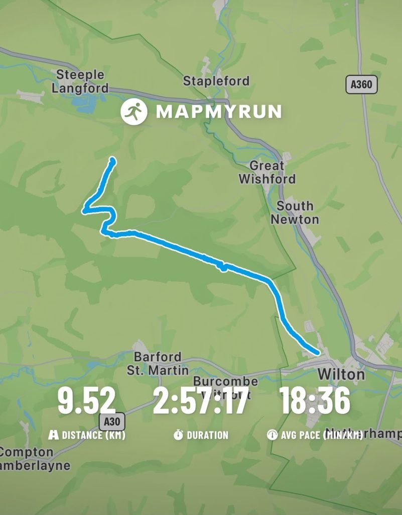 Map showing the recorded walking route from Wilton through Grovely Wood to Grovely Castle