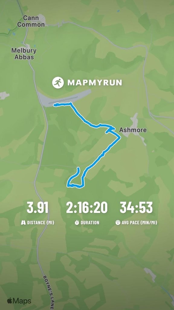 Map My Run map showing the recorded route around Ashmore, Compton Abbas and Fontmell Wood