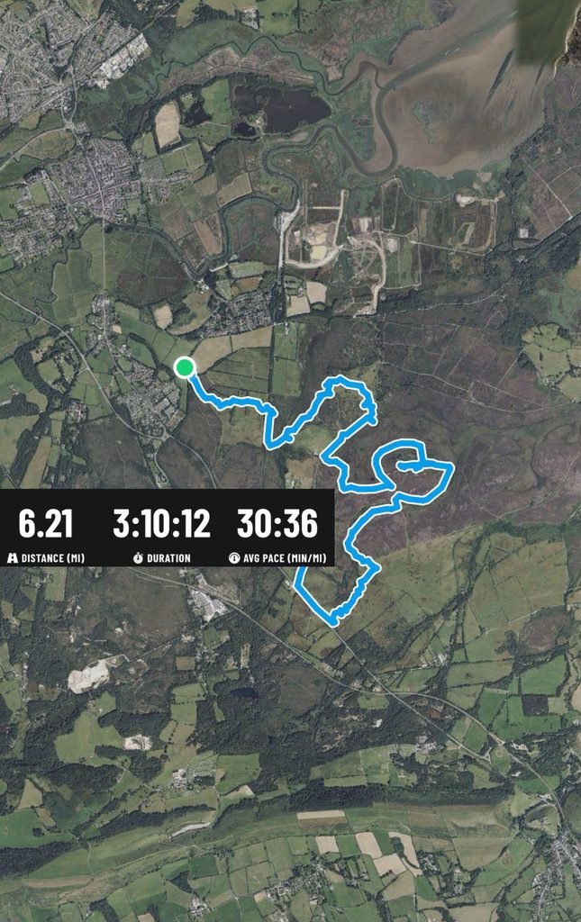 Hybrid map showing the recorded 6.21-mile walk across Stoborough Heath and Hartland Moor, with the final section obscured by a route statistics overlay